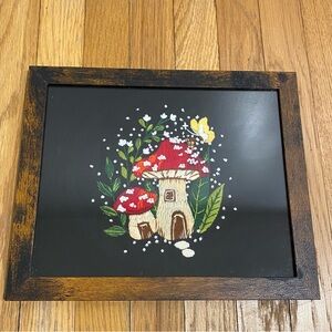 Handmade Framed Embroidered Mushroom House Needlepoint Cottage Embroidery Garden